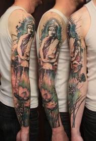 Arm bagong style splash tinta na ipininta Buddha estatwa lotus tattoo pattern