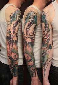 Arm new style splash ink painted Buddha statue lotus tattoo pattern