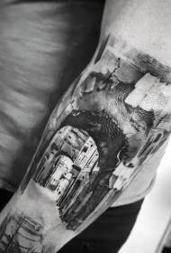 Braço preto realista velha cidade estilo tatuagem padrão