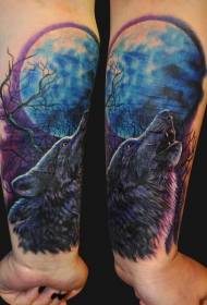 Patró de tatuatge de llop i lluna de braç