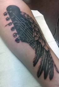 Divertente chitarra in bianco e nero con motivo tatuaggio braccio piuma