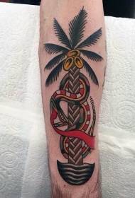 Old school arm väri palmu ja käärme tatuointi malli