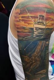 Grutte earm prachtige kleuren fiskersboat mei tatoeaazjepatroon fan seemonster