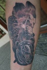 手臂野生黑熊和大山森林纹身图案