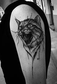 大臂猫钢笔画风格纹身图案