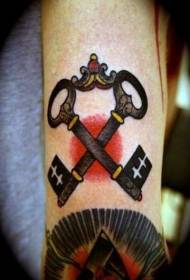 Ou skool kruis sleutel kleur tatoeëringpatroon