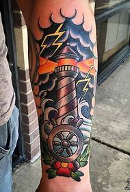 Modello di tatuaggio floreale con ancora piccolo faro europeo e americano per braccio
