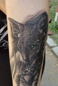 Figura de tatuaxe de gato negro cun ollo firme por riba do brazo
