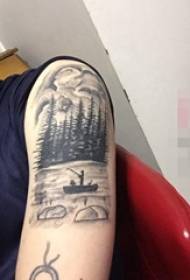 Čierny čínsky štýl tetovanie rameno krajiny tetovanie malý strom atramentové maľovanie tetovanie obrázok
