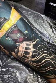 Arm sarjakuva tyyli värikäs majakka meduusoja tatuointi malli