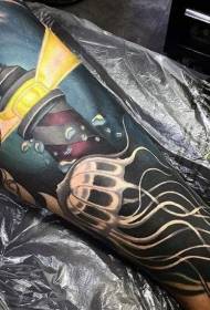 Arm cartoon style colorful lighthouse with jellyfish tattoo pattern
