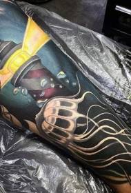 Faro de colores de estilo de dibujos animados de brazo con patrón de tatuaje de medusa