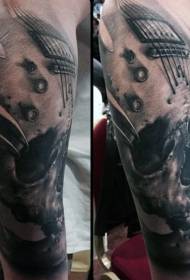 Црна череп на рацете во комбинација шема на тетоважа на гитара