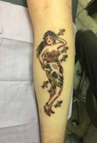 女孩的手臂畫水彩素描創意文藝優雅女孩人物紋身圖片
