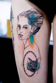 Cosce di ragazze su linee nere, solo belle ragazze creative, ritratti, disegni a colori, immagini di tatuaggi