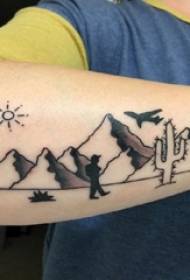 Braccia dello scolaro sull'immagine nera del tatuaggio del paesaggio di Gray Pointing Abstract Line Character e delle montagne