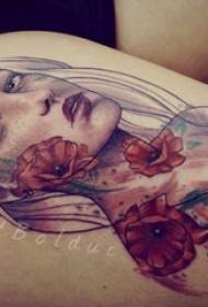 Schoolmeisje dijen geschilderde gradiënt plant bloemen en eenvoudige lijn karakter portret tattoo foto's