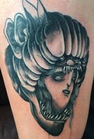 Girl's thigh on black gray sketch point thorn skill creative girl character tattoo picture