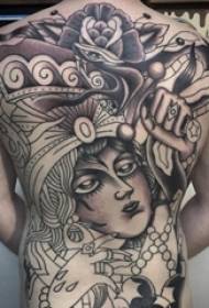 Boys back black gray sketch creative large area girl character tattoo pictures