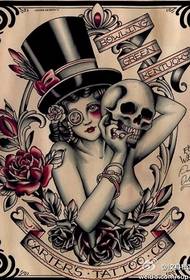 纹身图案:经典欧美美女骷髅花卉纹身图案