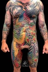 Tatuaggio figura corpo pieno figura maschile colorata corpo completo e immagine tatuaggio pavone