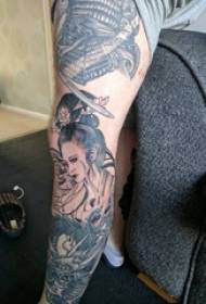 Braccio da scolaro su immagine di tatuaggio di geisha del ritratto di linea astratta di carattere spina nera punto