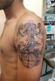 Schooljongen wapens op zwarte gestippelde geometrische lijnen creatieve stripfiguur tattoo foto