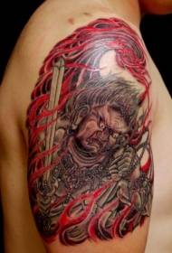 Old school big arm kleurrijke demon man en vlam tattoo patroon