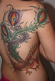 Жаночая спіна вялікага каляровага малюнка татуіроўкі фенікс