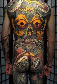 Male back with super cool domineering full back  Bara tattoo pattern