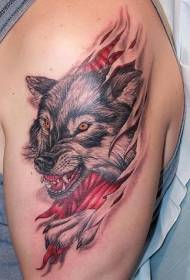 Motif de tatouage tête de loup en cuir déchiré couleur gros bras