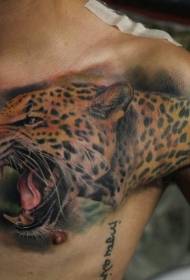 Chest color realistic panther head tattoo pattern