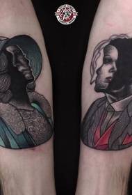 Szürreális stílusú színes férfi nő portré tetoválás
