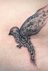 Black-grey bird with musical notes combined with tattoo pattern