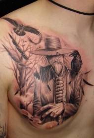 Modello di tatuaggio di spaventapasseri e corvo in stile cinese sul petto