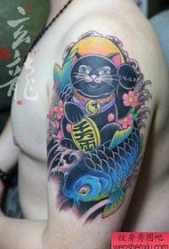 Braço masculino pop popular acenando gato tatuagem padrão