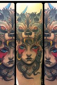 Handsome woman tattoo with wolf headgear