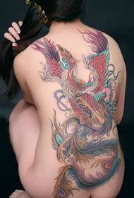 Lau emakumezko bizkarraldeko fenix beibufenghuang tatuaje ilustrazioa
