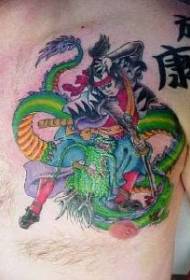 Chest warrior with green dragon fighting tattoo pattern