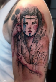 Ramena s črnilom ilustracije slog gejše s črkami tatoo