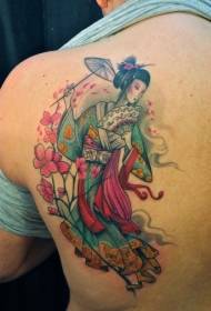 Pola tato bunga geisha berwarna-warni di bagian belakang