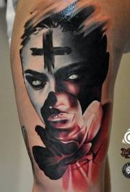 Modern style colorful devil female portrait and cross flower tattoo pattern