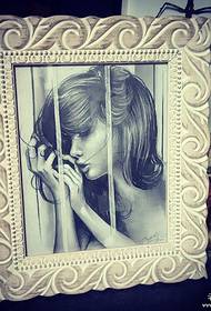 European and American black gray girls portrait school tattoo pattern manuscript