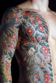 Halvlængde enorme flerfarvede asiatiske tema blomster slange samurai tatoveringsmønster