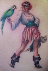 Χρώμα ώμου πειρατής κορίτσι με εικόνα τατουάζ παπαγάλος
