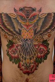 Male front chest cool old school owl tattoo pattern