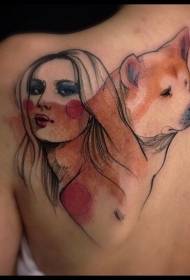 Modello triste del tatuaggio del cane e della donna di stile dell'illustrazione di colore posteriore