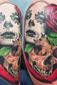 Shoulder color woman mask and human skull tattoo pattern