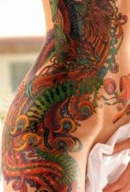 Didelis ir subtilus fenikso tatuiruotės raštas mergaitės šone