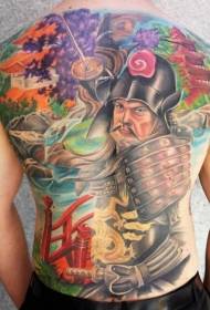 Full back color Japanese warrior tattoo pattern